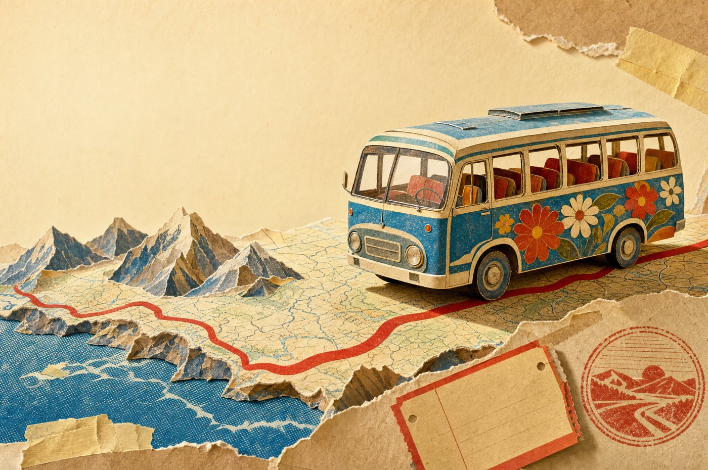 Paper collage of a painted bus crossing a vintage map