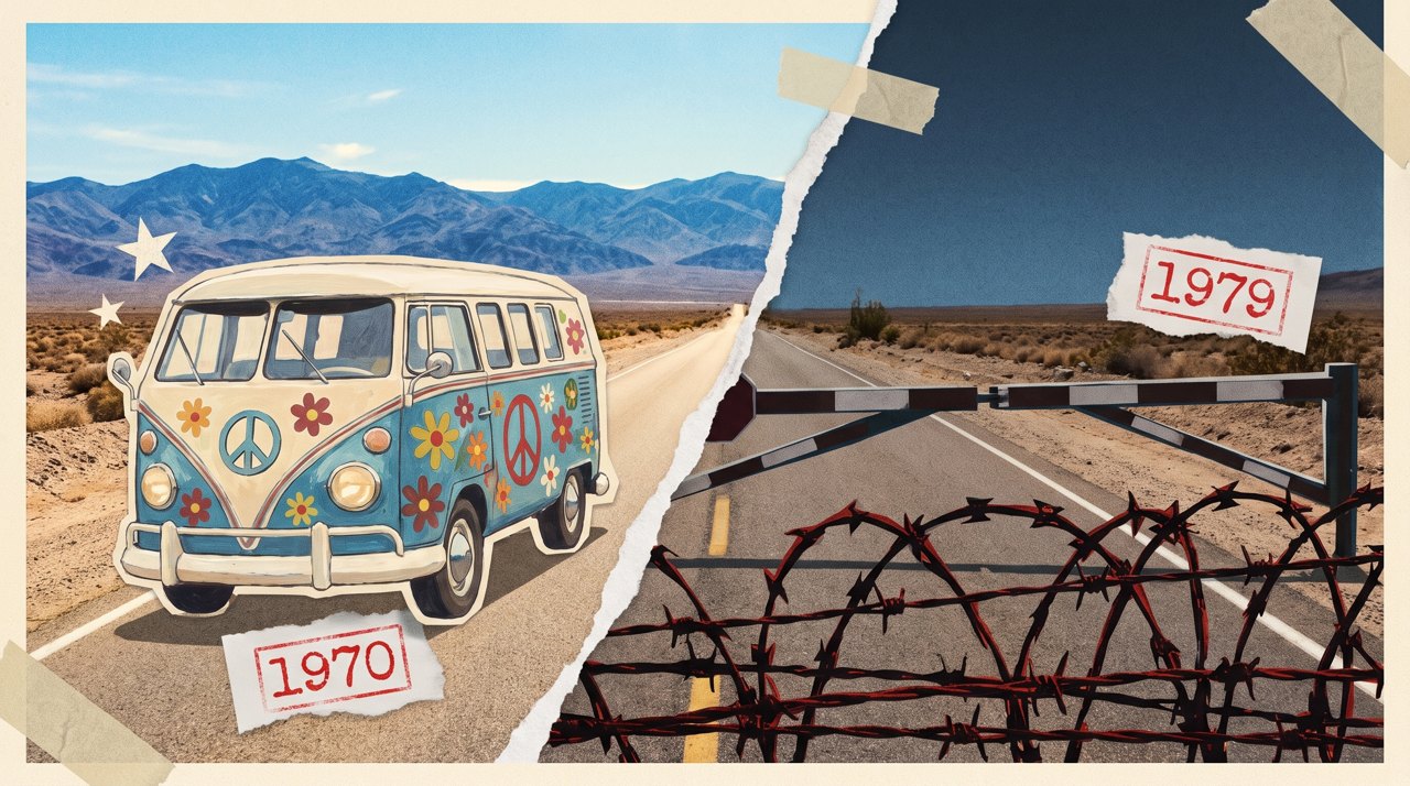 Episode 001 poster: 1970 hippie bus against a 1979 closed border